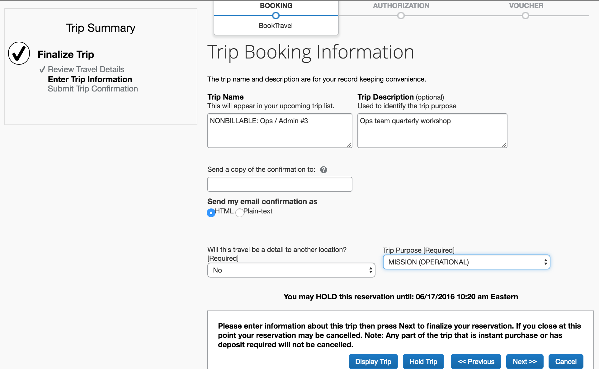 Trip Booking Information screen