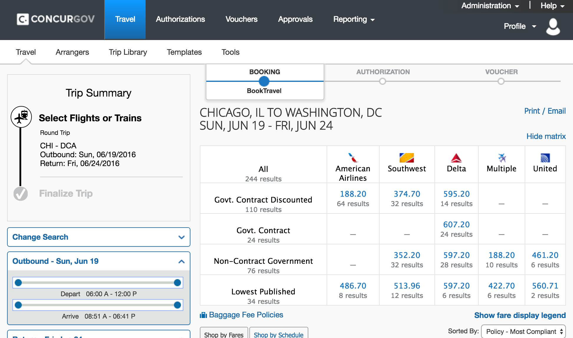 Concur flight selection screen