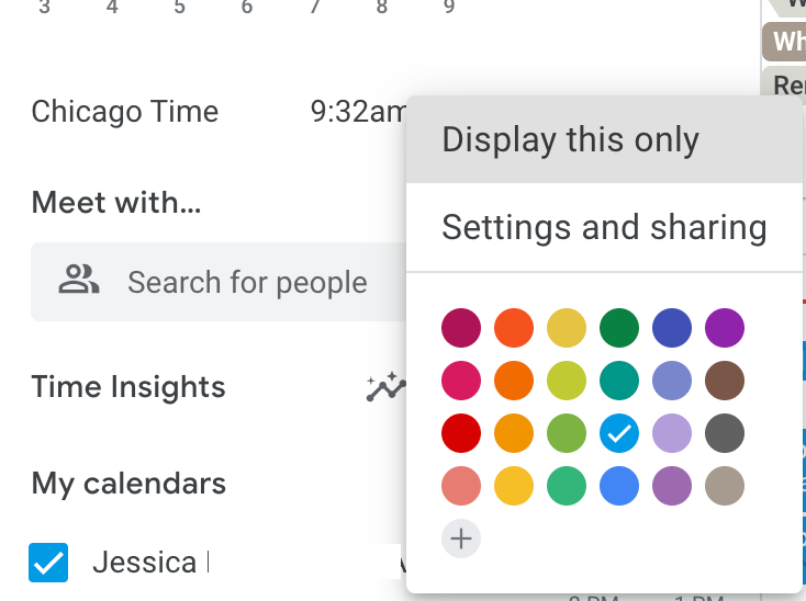 popup that displays when three dots are clicked next to a specific calendar. Options are display this only, settings and sharings, and available colors