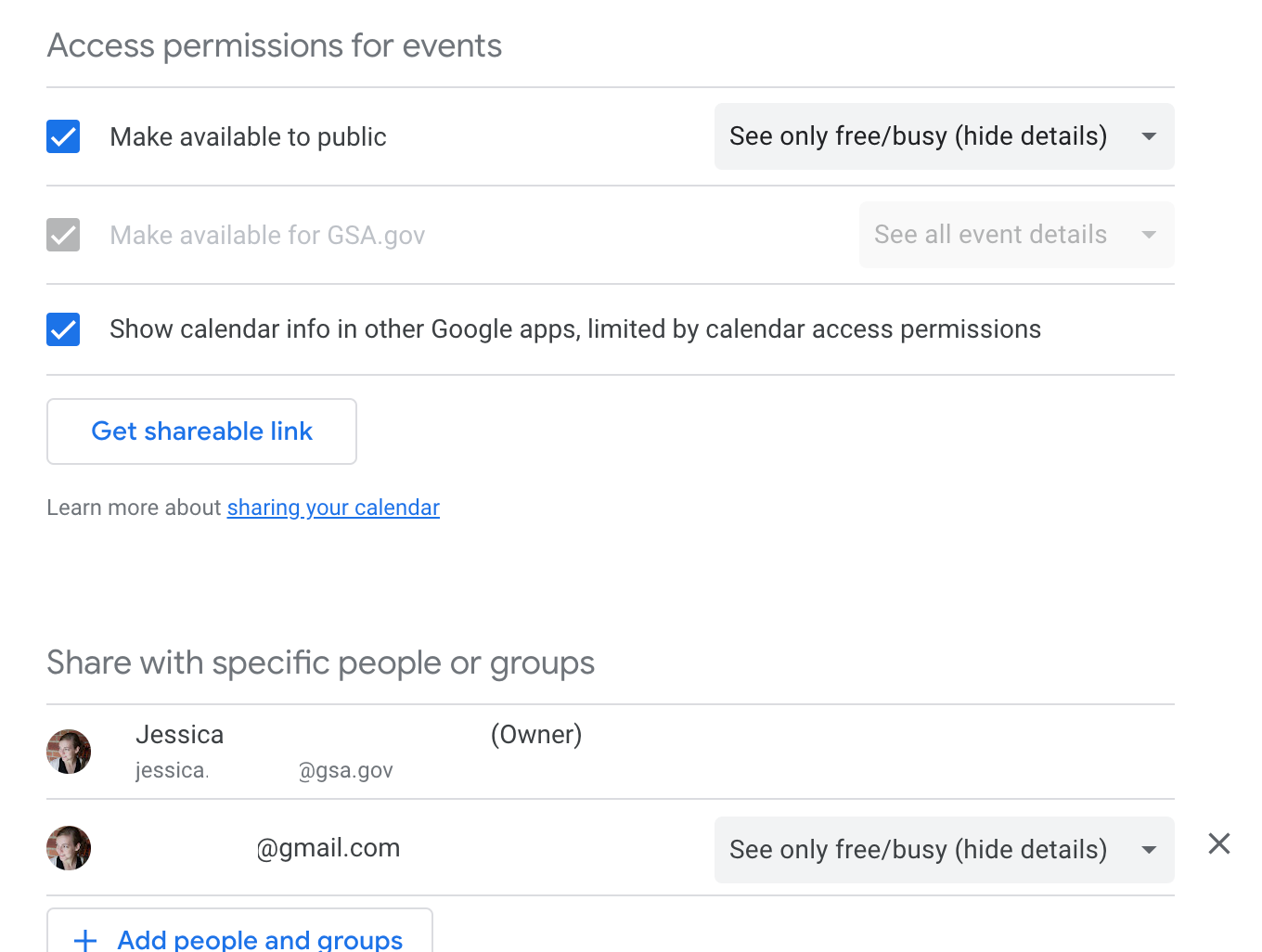 screenshot of calendar settings sections for access permissions for events and share with specific people or groups