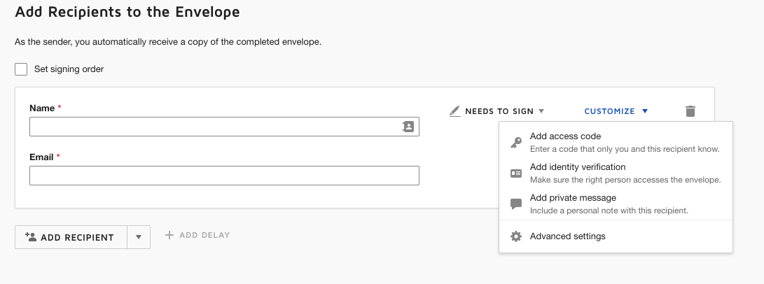 Screenshot of DocuSign interface to add a recipient to an envelope