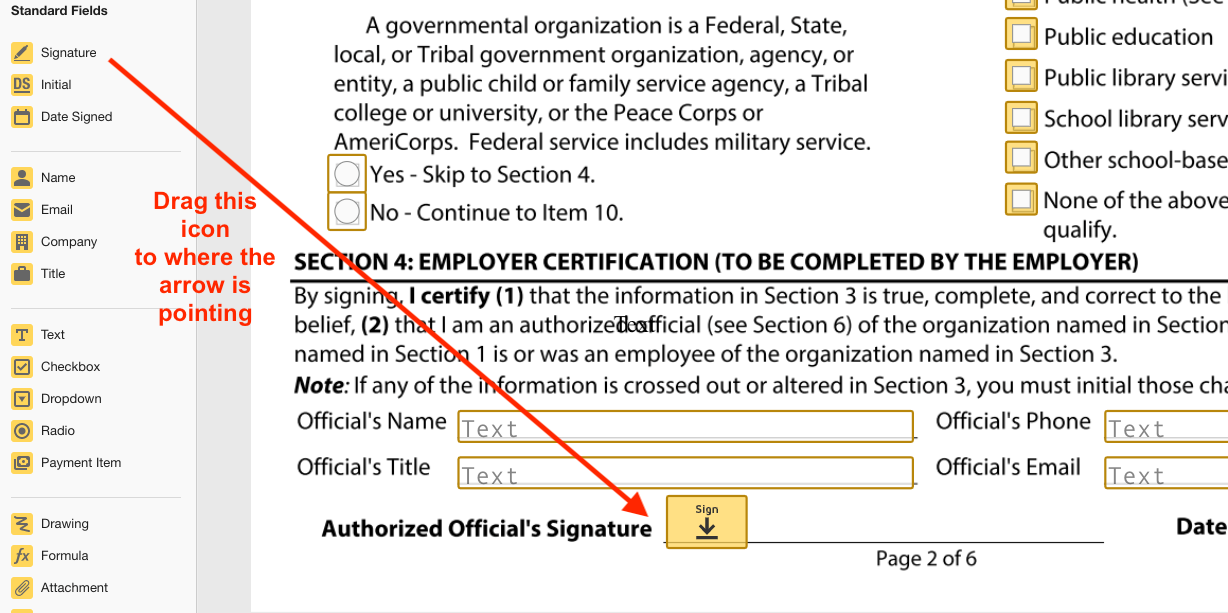 Screenshot of DocuSign interface showing how to add a signature field for 'Authorized Official's Signature' in Section 4 of the document by dragging the 'Signature' field from the left sidebar to that line in the document