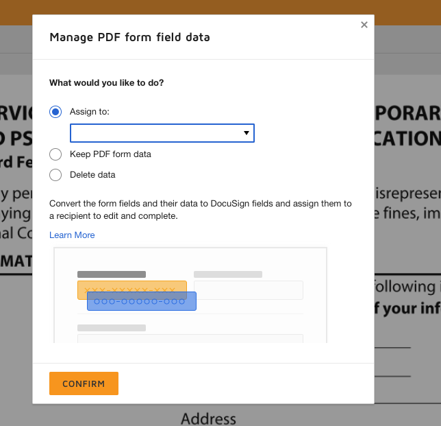 Screenshot of DocuSign interface to manage PDF form field data with the 'Assign to' radio button selected and a drop-down menu appearing