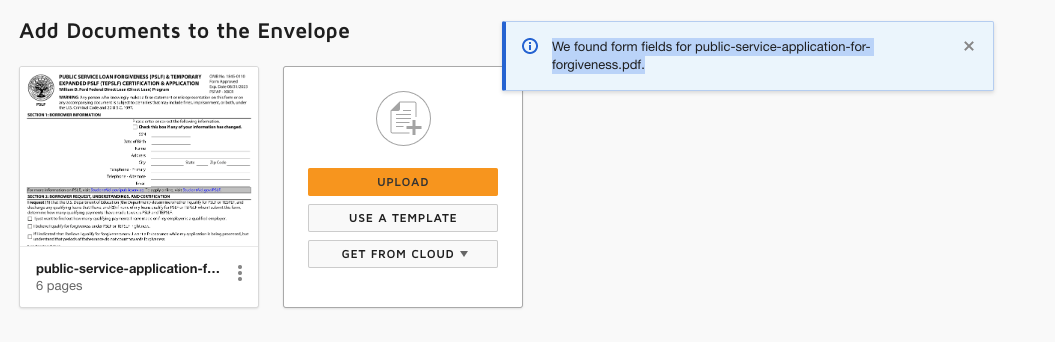 Screenshot of DocuSign interface to upload a document with pop-up that says 'We found form fields for public-service-application-for-forgiveness.pdf.'